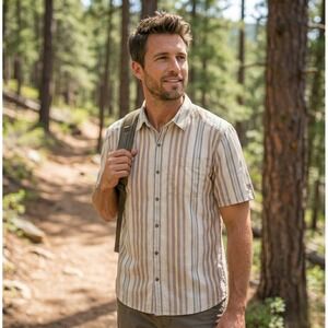 Kuhl Intriguer Shirt Mens Large Stripe Outdoor Hiking Sahara Sun UPF 50+ Neutral
